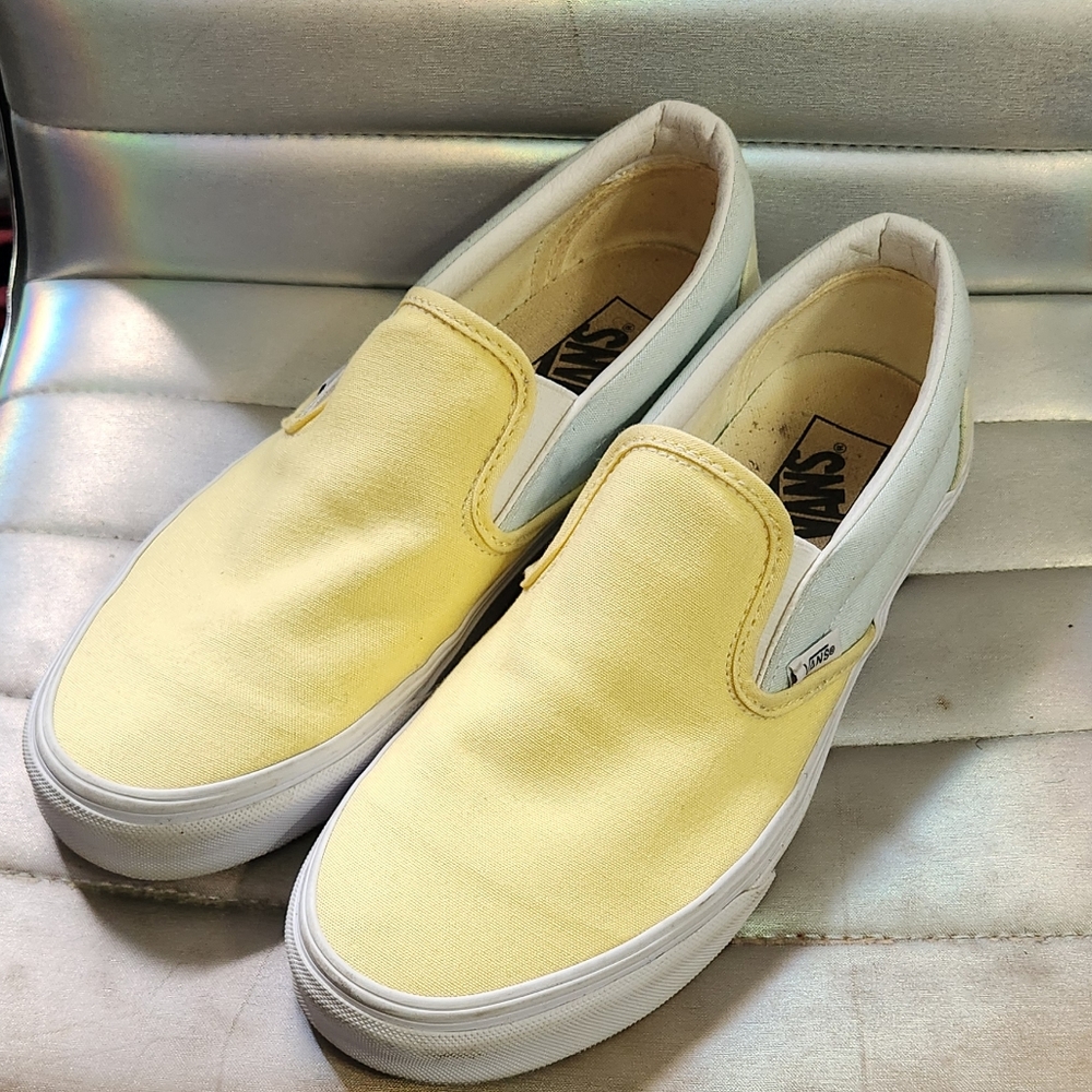 Vans Yellow, Blue, & White Slip-On Sneakers
